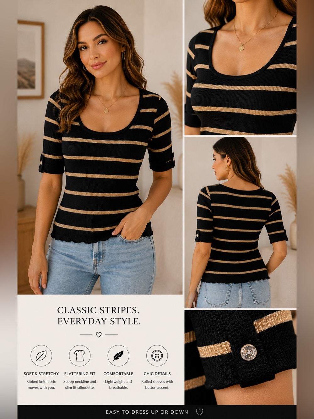 INC International Concepts Black and Tan Striped Scoop Neck Sweater
